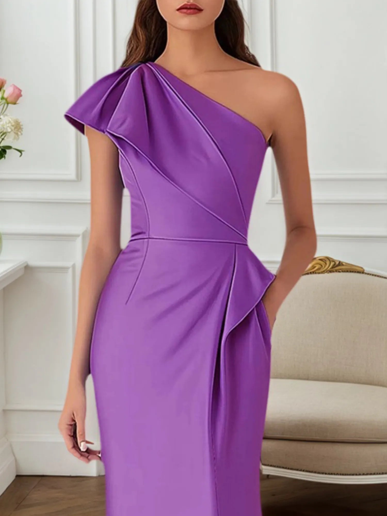 Fall Wedding Guest Dress Purple One-Shoulder Midi Dress with Pockets