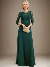 A-line Scoop Illusion Floor-Length Chiffon Lace Mother of the Bride Dress With Pleated Sequins Beading