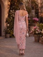 Dusty Pink One-Shoulder Draped Ankle-Length Sequin Velvet Cocktail Dress