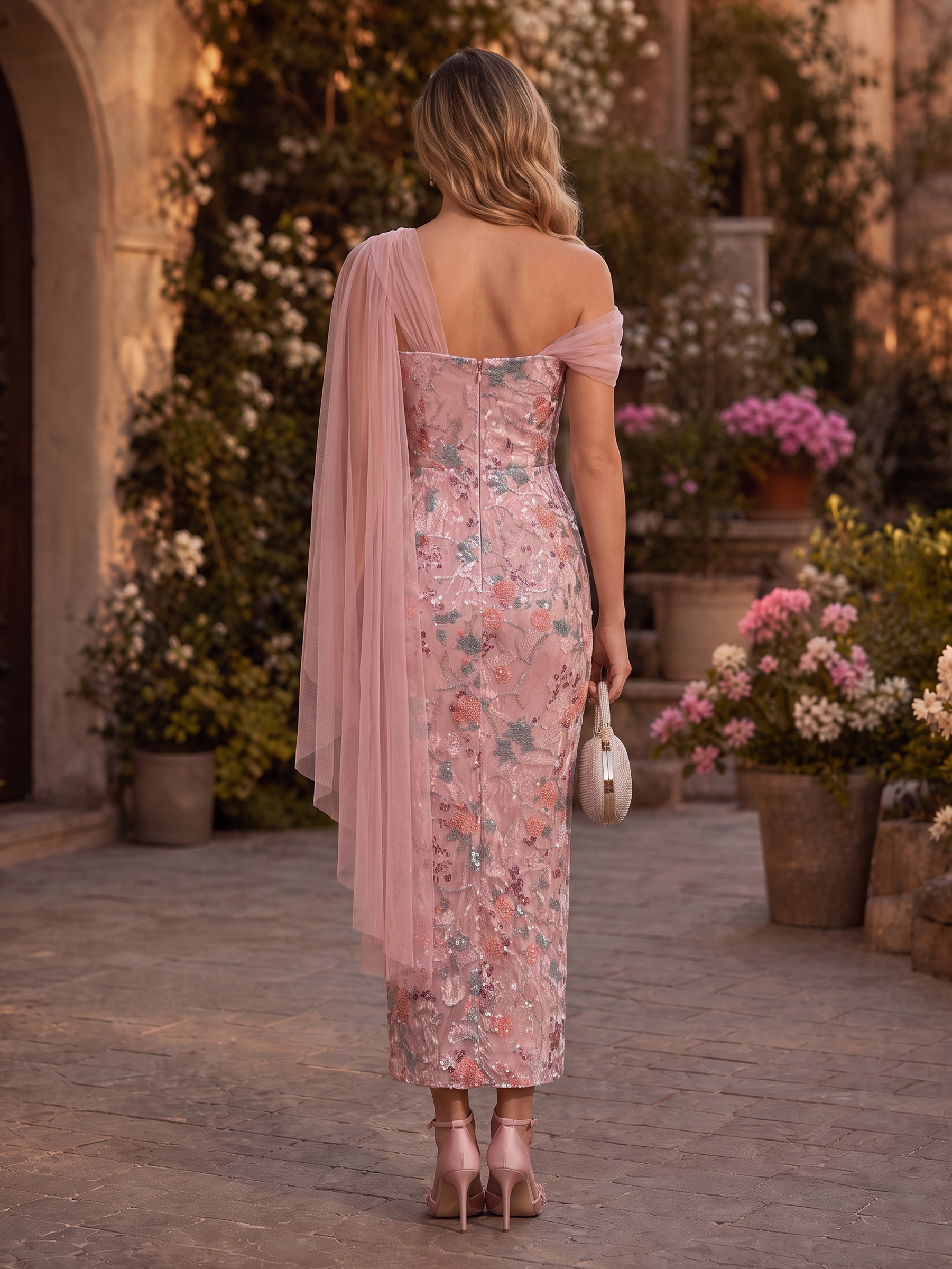 Dusty Pink One-Shoulder Draped Ankle-Length Sequin Velvet Cocktail Dress