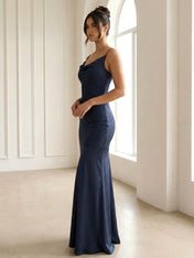 Navy Blue Spaghetti Straps Maxi Dresses for Women 2026 Mermaid Evening Dress