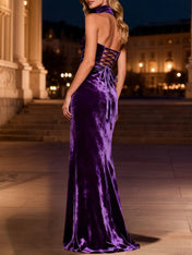 Purple Halter Neck Mermaid Long Velvet Holiday Party Dress