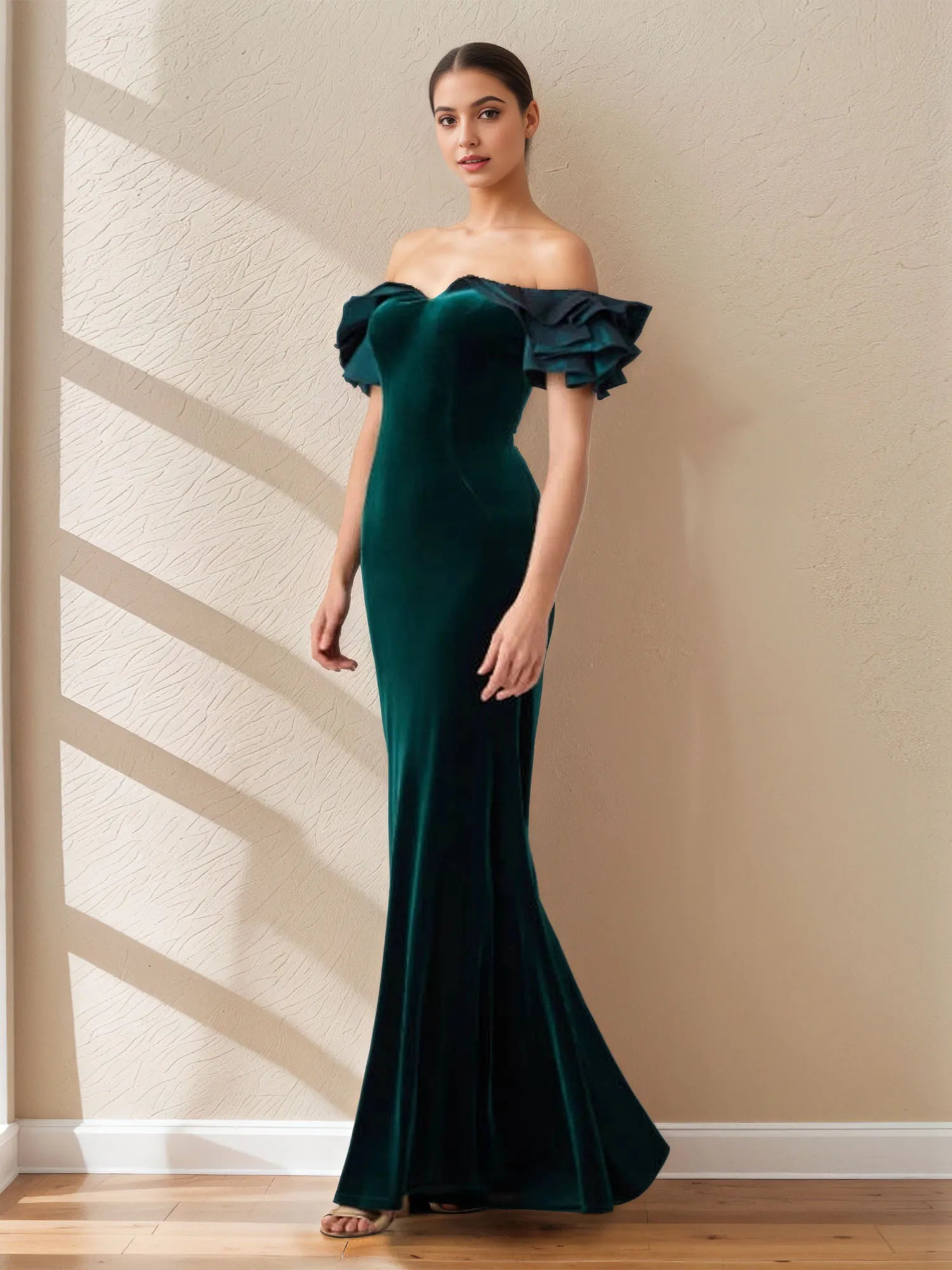 Sheath Off The Shoulder Sleeveless Ruched Floor-Length Fitted Dress