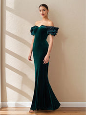 Sheath Off The Shoulder Sleeveless Ruched Floor-Length Fitted Dress