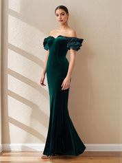 Sheath Off The Shoulder Sleeveless Ruched Floor-Length Fitted Dress