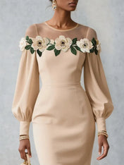 Apricot Applique Floral Classic Crew Neck Long Sleeve Balloon Sleeve Sheath Midi Dress