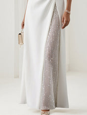 A Line White Chiffon Round Neck Sleeveless Floor Length Dress With Sequins