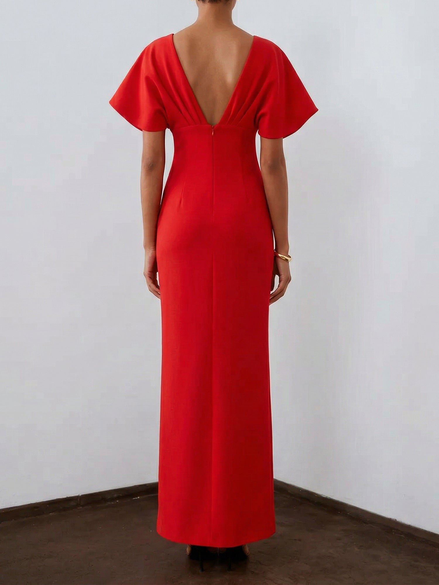 Red 3D Floral Appliqué Boat Neck Short Sleeve Backless Sheath Maxi Dress