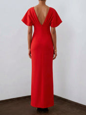 Red 3D Floral Appliqué Boat Neck Short Sleeve Backless Sheath Maxi Dress