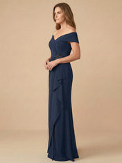 Off the Shoulder Ruffle Chiffon Mother of the Bride Dress with Applique