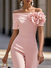 Women Pink 3D Floral Off The Shoulder Short Sleeve Dressy Jumpsuit