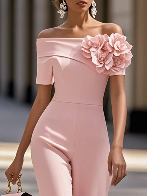 Women Pink 3D Floral Off The Shoulder Short Sleeve Dressy Jumpsuit