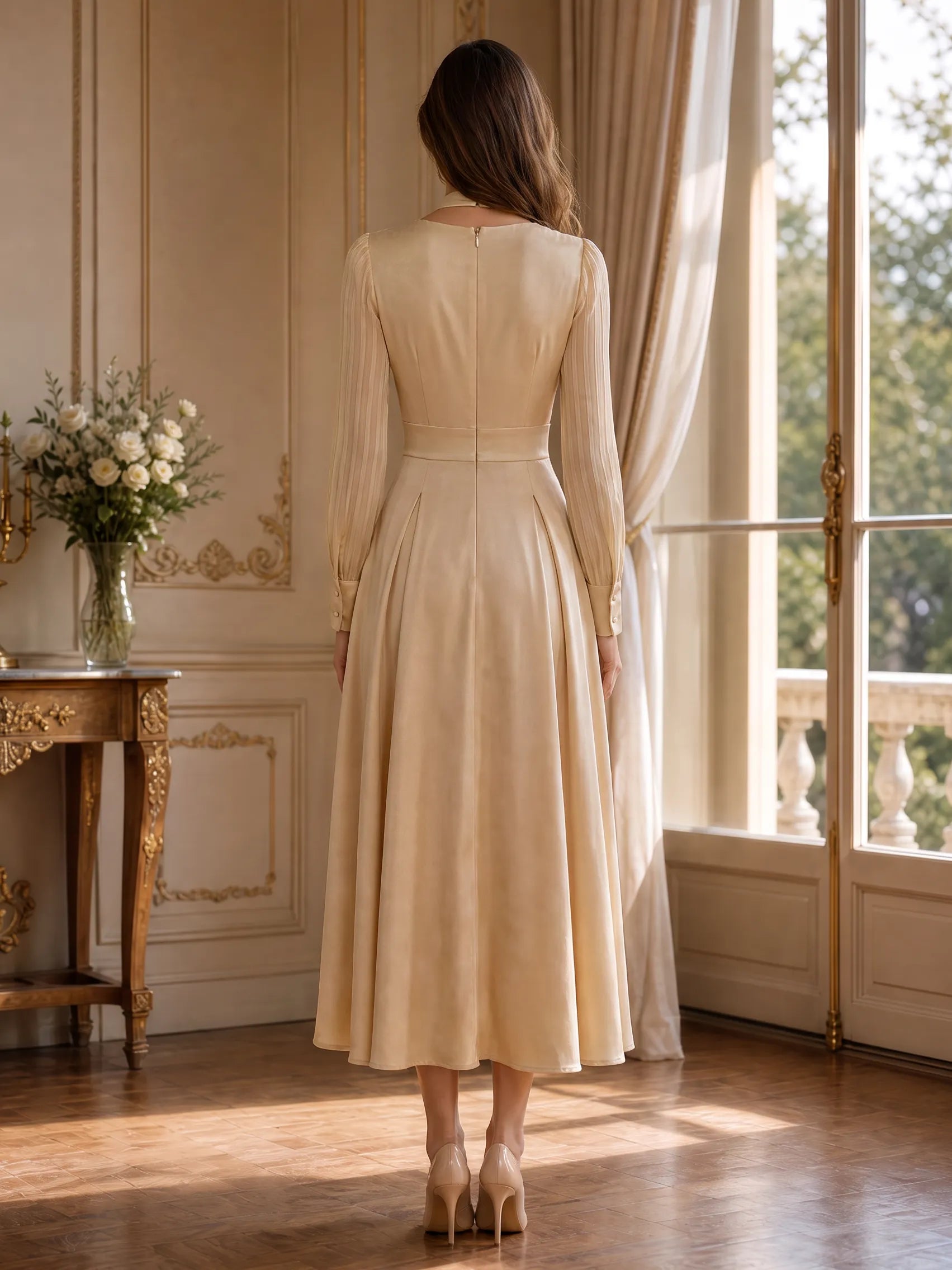 Elegant Deep V-Neck Long Sleeve A-Line Midi Evening Dress with Choker Detail