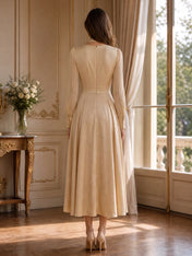 Elegant Deep V-Neck Long Sleeve A-Line Midi Evening Dress with Choker Detail