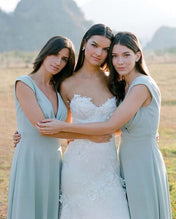 Simple A Line Satin V Neck Blue Sleeveless Long Bridesmaid Dresses