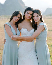 Simple A Line Satin V Neck Blue Sleeveless Long Bridesmaid Dresses