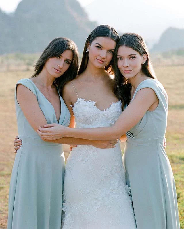 Simple A Line Satin V Neck Blue Sleeveless Long Bridesmaid Dresses