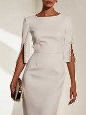 White Imitation Pearls Classic Crew Neck Half Sleeve Sheath Midi Dress