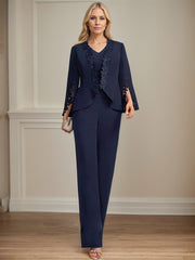 Separates Jumpsuit/Pantsuit V-Neck Floor-Length Chiffon Mother of the Bride Dress