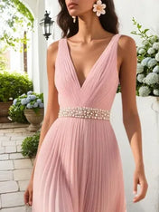 Pink Pleated Floral Deep V Neck A-Line Maxi Chiffon Dress