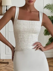 Off White Ruched Split Joint Knit Spaghetti Sleeveless Sheath Maxi Dress