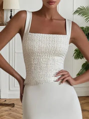 Off White Ruched Split Joint Knit Spaghetti Sleeveless Sheath Maxi Dress