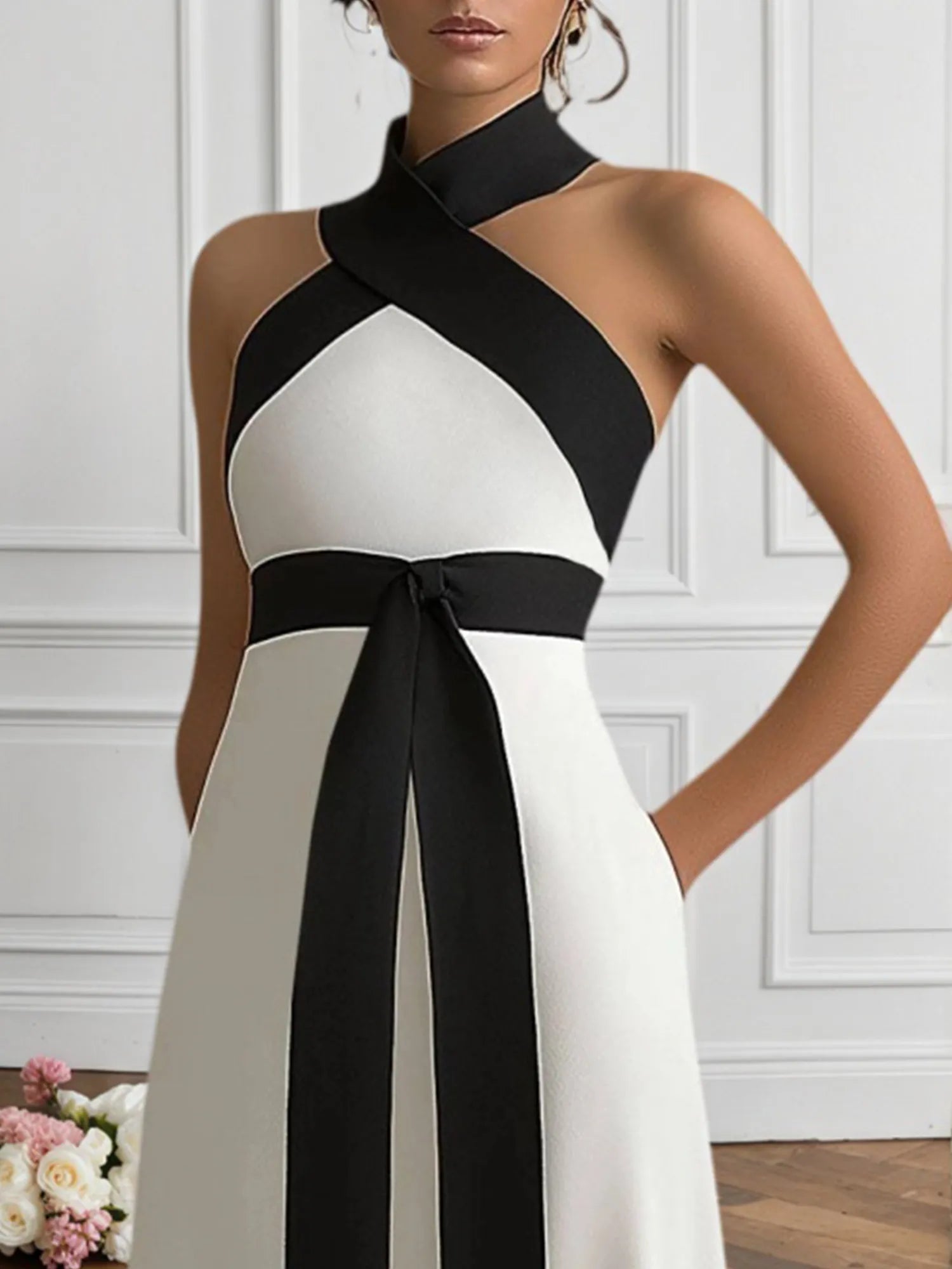 Formal Black and White Halter Cross-Neck Maxi Dress