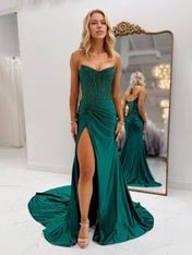 Red Mermaid Strapless Corset Beaded Prom Dress with Slit