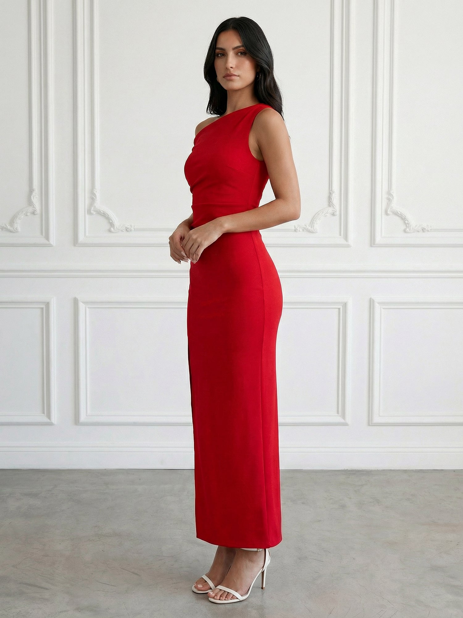 Red One Shoulder Mermaid Satin Maxi Dress Tea Length