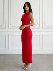 Red One Shoulder Mermaid Satin Maxi Dress Tea Length