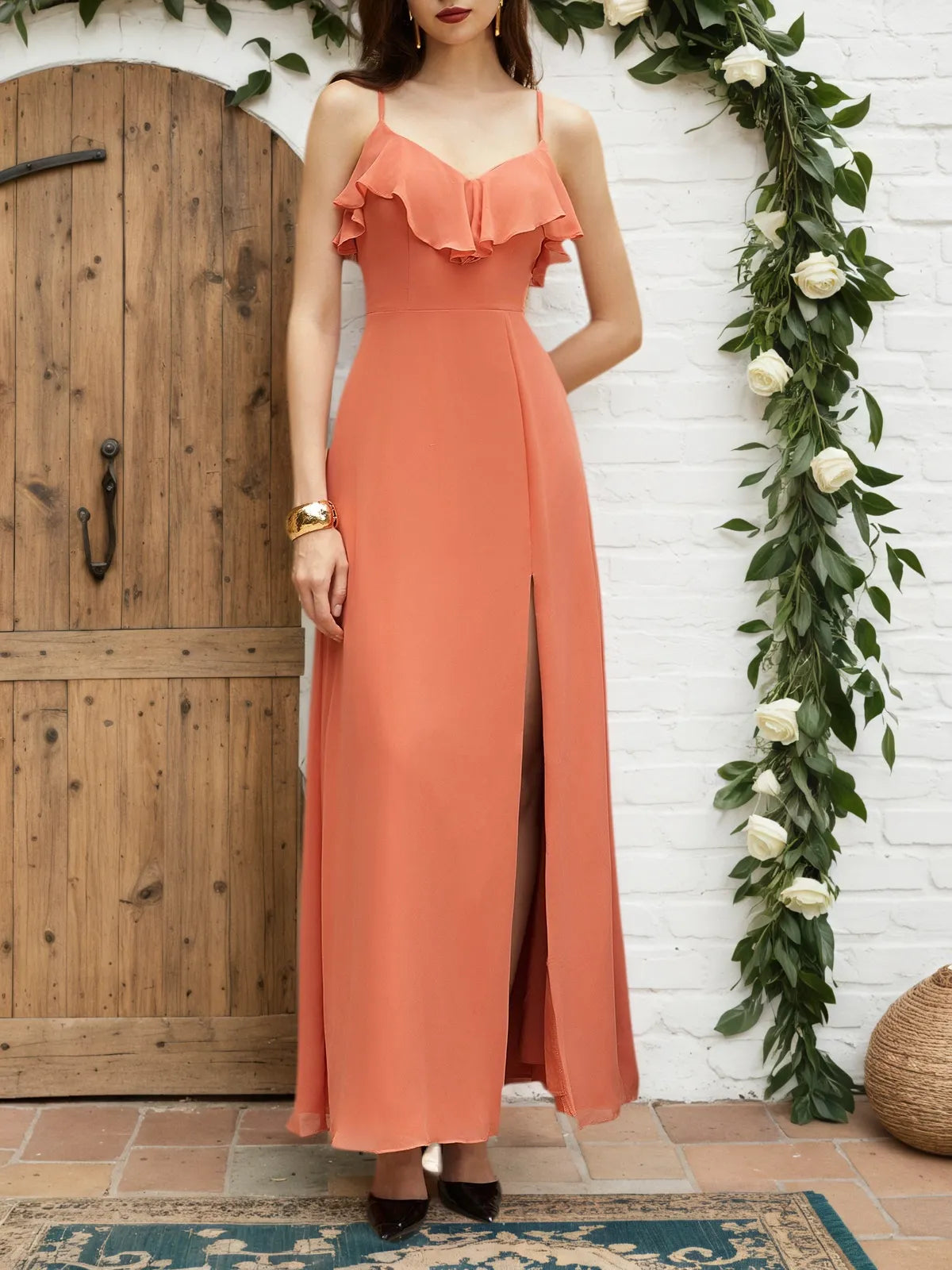 Orange Red Ruffled Chiffon Spaghetti Sleeveless A-Line Maxi Bridesmaid Dress