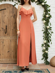 Orange Red Ruffled Chiffon Spaghetti Sleeveless A-Line Maxi Bridesmaid Dress