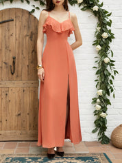 Orange Red Ruffled Chiffon Spaghetti Sleeveless A-Line Maxi Bridesmaid Dress
