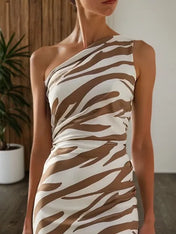 Khaki Slit Classic One Shoulder Sleeveless Mermaid Midi Dress