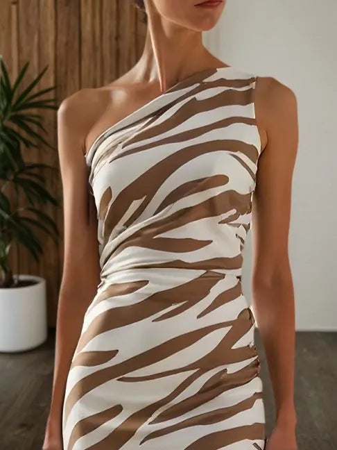Khaki Slit Classic One Shoulder Sleeveless Mermaid Midi Dress