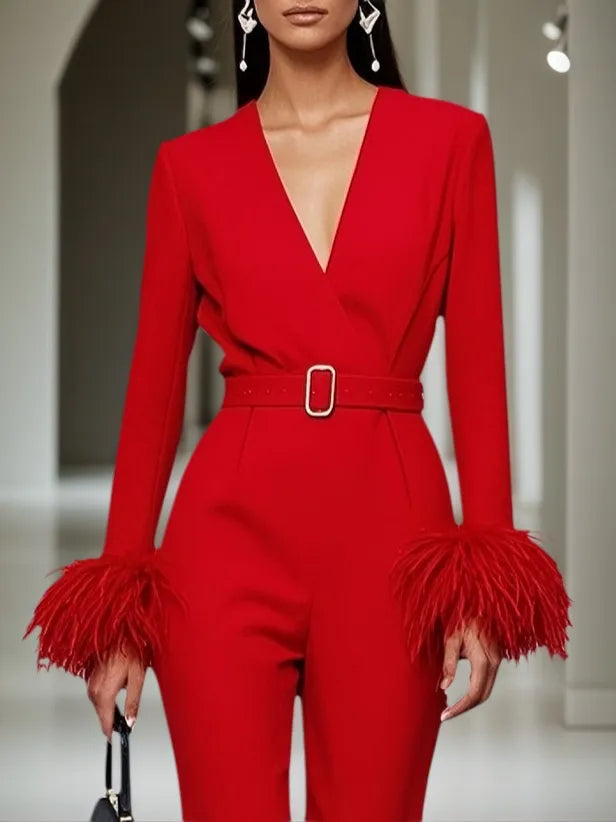 Women Red Feather-trimmed V Neck Long Sleeve Dressy Jumpsuit