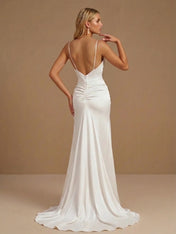 V-Neck Spaghetti Strap Ruched Satin Bridal Gown with High Slit