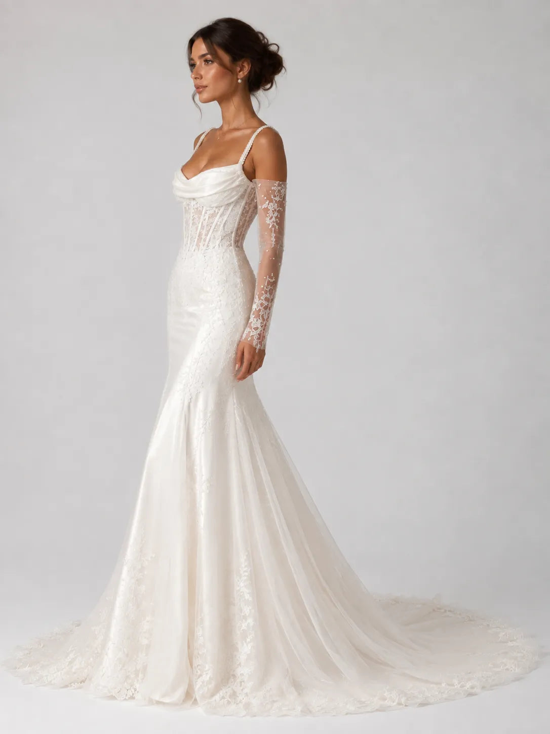 Elegant Pearl Strap Mermaid Wedding Dress with Draped Neckline, Lace Sleeves and Chapel Train