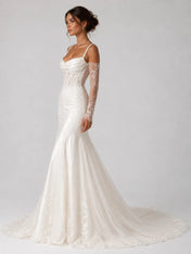Elegant Pearl Strap Mermaid Wedding Dress with Draped Neckline, Lace Sleeves and Chapel Train