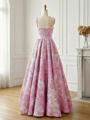 Blue Floral Brocade Pearl Long Corset Prom Dress