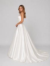 Elegant Square Neck Satin A-Line Wedding Dress with Low Scoop Back and Chapel Train