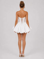 Elegant Strapless Lace Corset Mini Wedding Dress with Flared Satin Skirt and Lace-Up Back