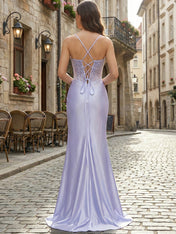 Lilac Lace Appliqué Satin Corset Prom Dress with Slit