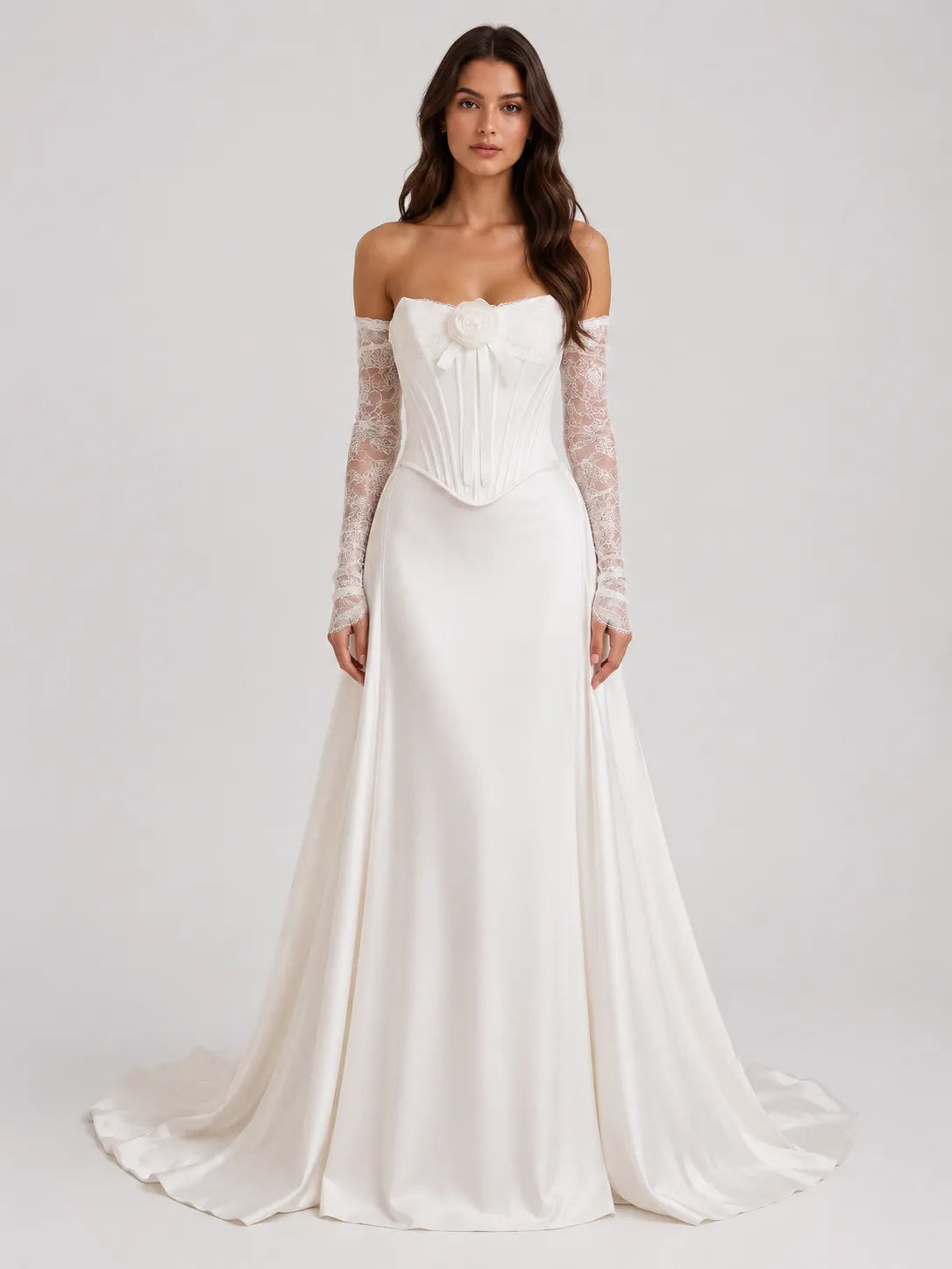 Strapless Corset Satin A-Line Wedding Dress with 3D Flower and Lace Sleeves