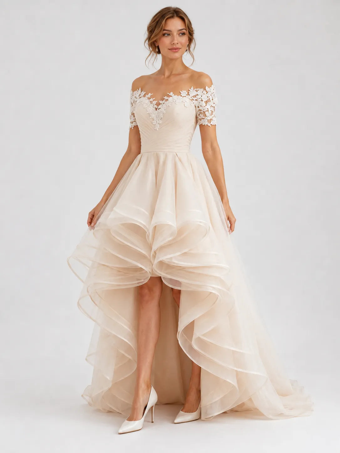 Elegant Off-the-Shoulder Lace High-Low A-Line Wedding Dress with Layered Organza Ruffles