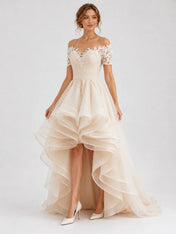 Elegant Off-the-Shoulder Lace High-Low A-Line Wedding Dress with Layered Organza Ruffles