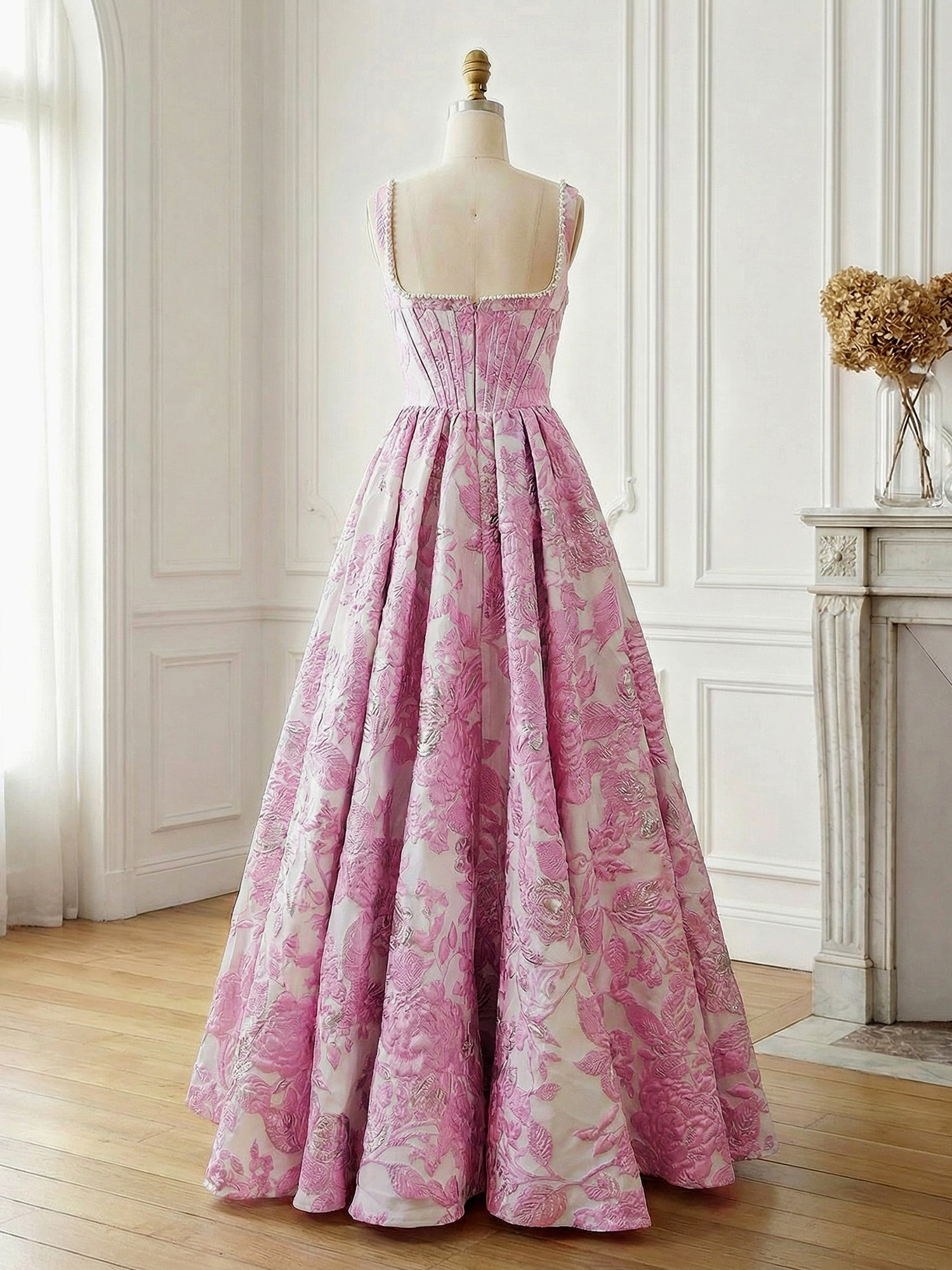 Pink Floral Brocade Pearl Long Long Corset Prom Dress