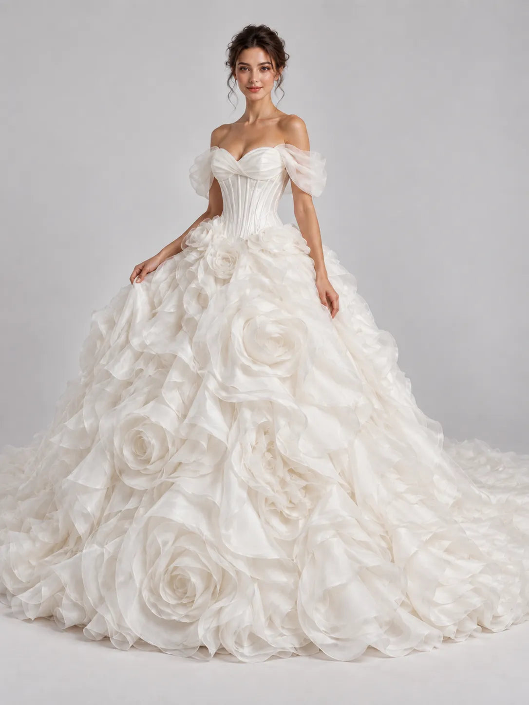 Off-The-Shoulder Sweetheart Ruffled Rose Applique Ball Gown Wedding Dress