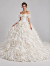 Off-The-Shoulder Sweetheart Ruffled Rose Applique Ball Gown Wedding Dress
