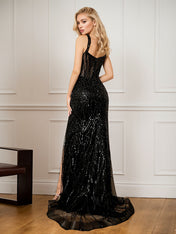 Black Sheath Spaghetti Straps Long Corset Prom Dress With Slit